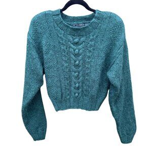 Lizwear Vintage 80s 90s Hand-Knitted Teal Wool Blend Cable Knit Crop Sweater SP